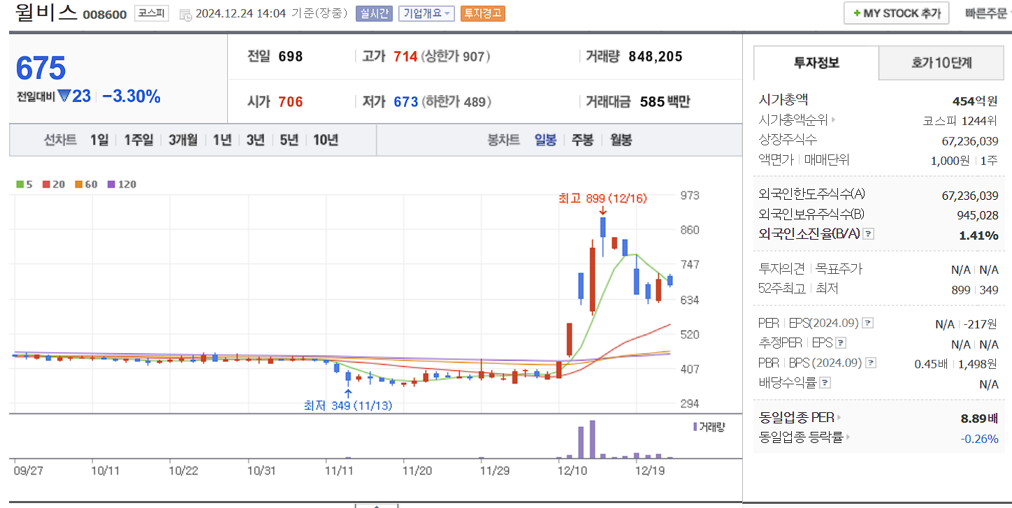 홍준표 관련주 대장주 윌비스 일봉 차트