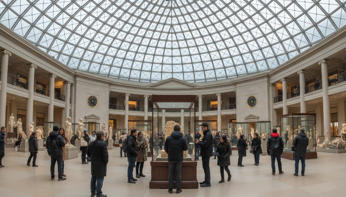 런던 대영 박물관의 높은 천장 홀. 로제타석이 보이는 가운데, 다양한 방문객들이 겨울 복장으로 유물을 주의 깊게 관찰하고 있다.