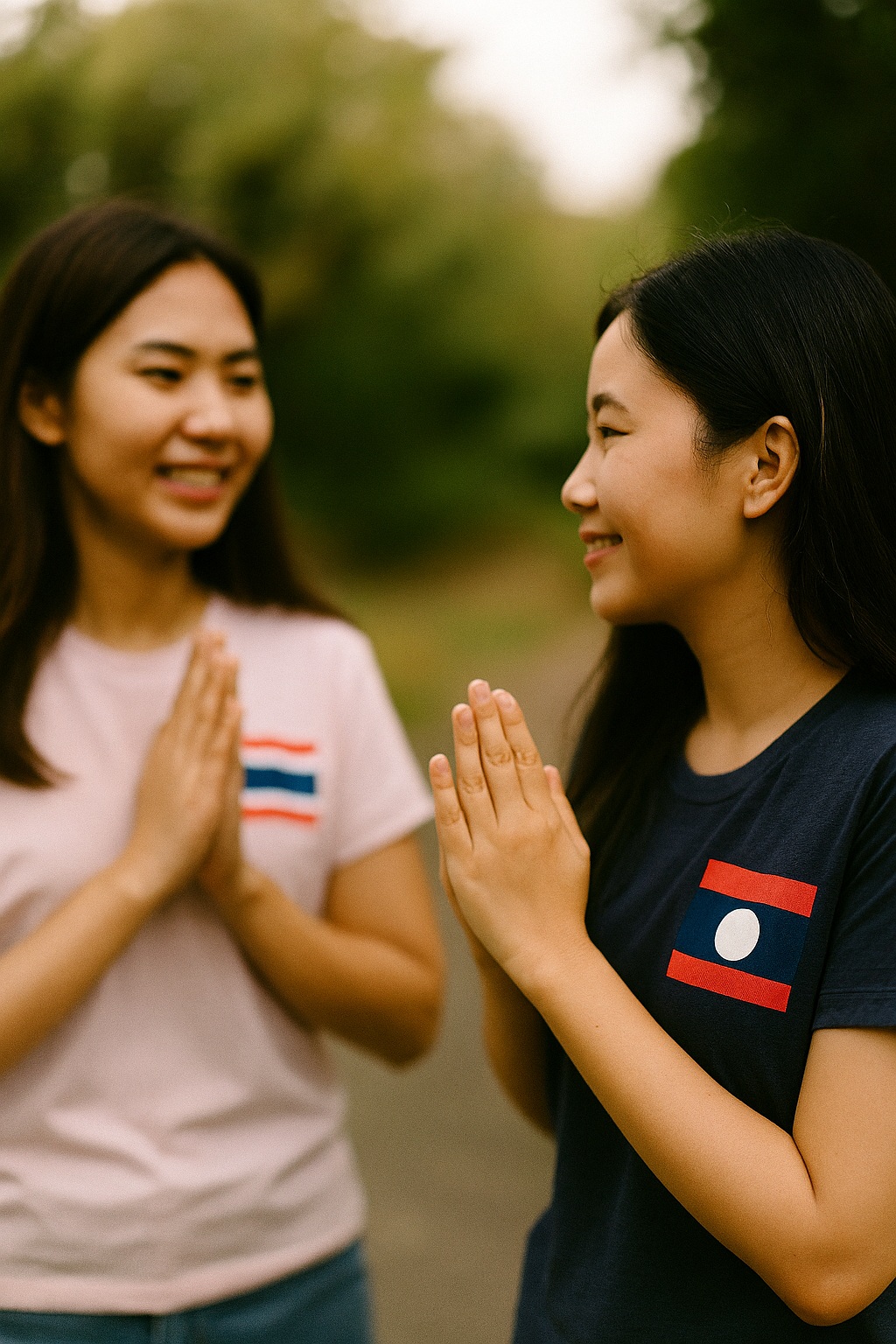 서로 바라보며 인사하고 있는 태국과 라오스 여성