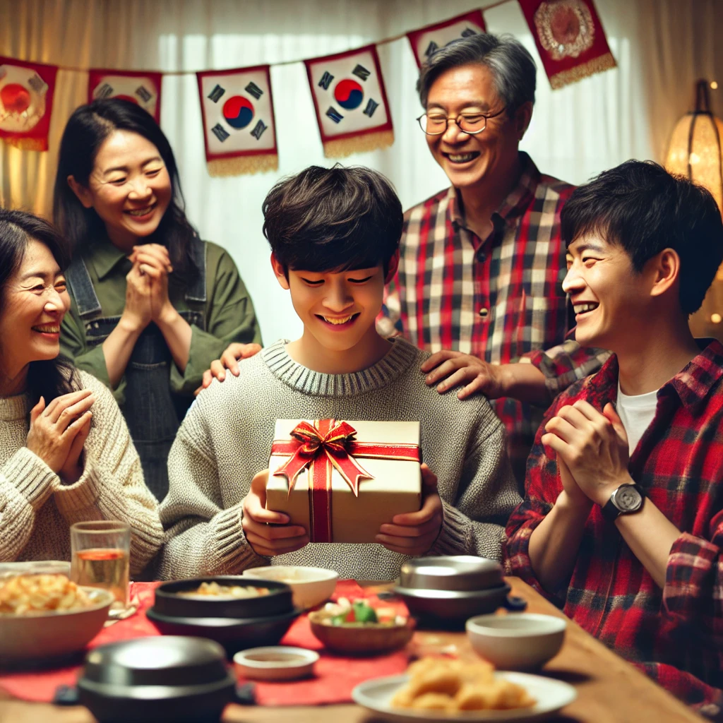저소득 가정의 학생이 가족과 함께 생일과 명절을 축하하는 따뜻한 분위기의 장면. 학생이 선물을 받으며 미소 짓고 있으며, 주변에는 가족들이 함께 모여 축하하고 있다. 전통 한국 장식과 명절 음식이 테이블에 놓여 있어 따뜻한 가정 분위기를 연출하고 있다.