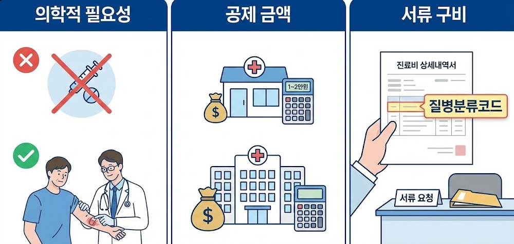 백일해 예방접종 실비보험 청구 시 의학적 필요성, 공제금액, 서류 구비 요건을 설명한 이미지