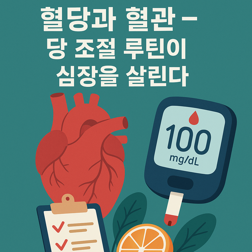 혈당 조절과 심혈관 건강을 위한 루틴을 표현한 일러스트 이미지 – 심장, 혈당 측정기, 건강 체크리스트와 식품이 포함됨