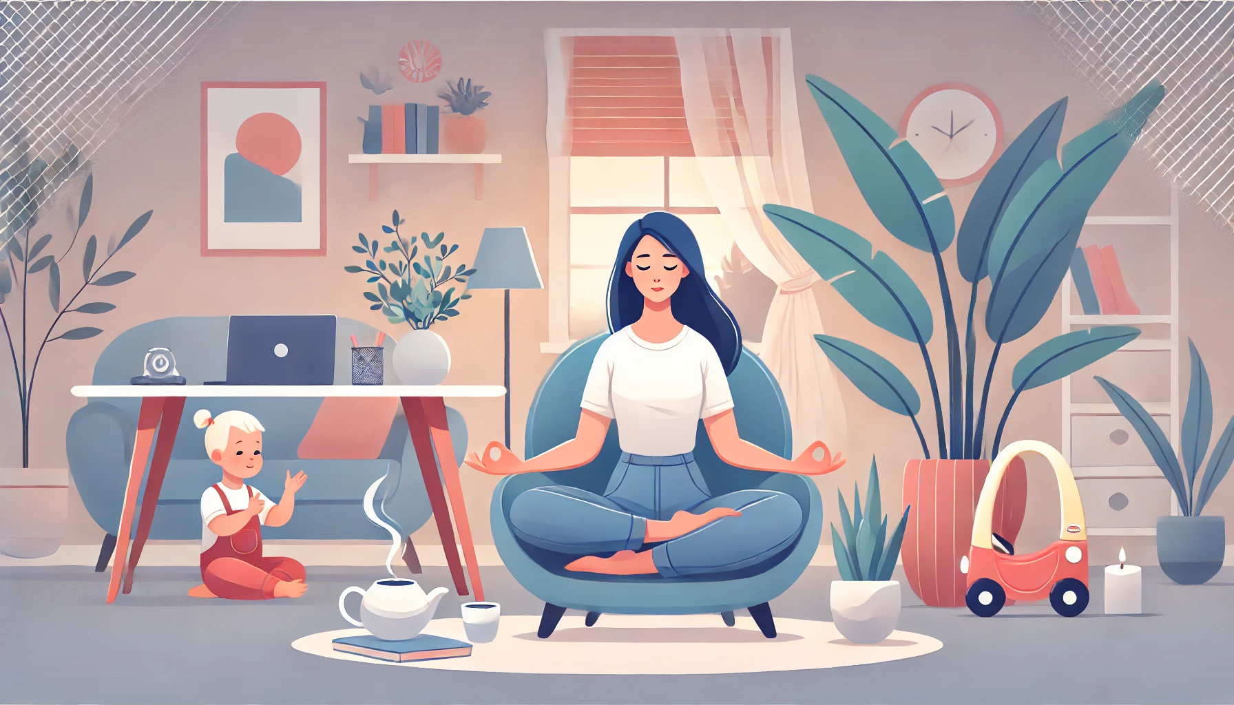 워킹맘이 스트레스를 관리하는 평온한 장면을 담은 이미지