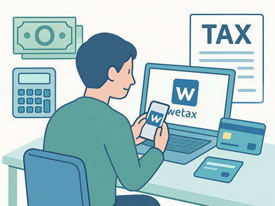 남성이 노트북과 스마트폰을 활용해 위택스(wetax) 사이트에 접속하여 재산세를 납부하는 모습. 주변에 세금 문서&amp;#44; 카드&amp;#44; 현금 아이콘이 배치되어 있음. 온라인 재산세 납부 상황을 표현한 일러스트