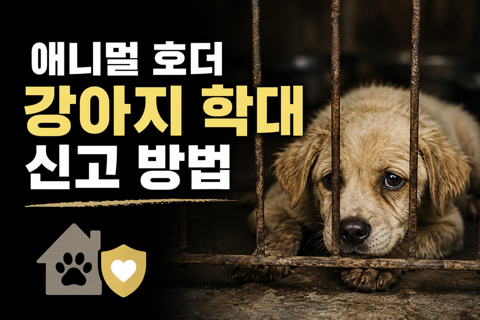 철창 안에 방치된 강아지와 함께 애니멀 호더 및 강아지 학대 신고 방법을 설명하는 어두운 분위기의 썸네일 디자인
