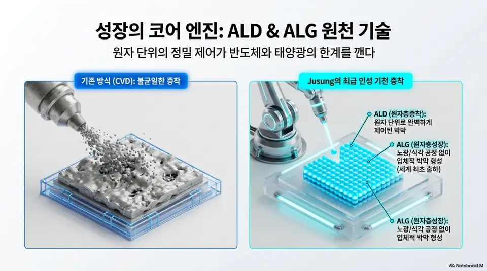 주성엔지니어링 주가 전망: 주성엔지니어링의 핵심 기술인 ALD와 ALG를 기존 CVD 방식과 비교한 인포그래픽. 왼쪽에는 기존 CVD 방식의 불균일한 증착 결과가 거친 표면으로 표현되어 있고 오른쪽에는 ALD 원자층증착의 정밀한 박막 제어와 ALG 원자층성장의 노광 식각 공정 없는 입체적 박막 형성 기술이 세계 최초 출하라는 문구와 함께 시각적으로 설명되어 있다