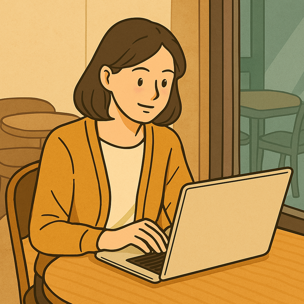 카페에서 노트북으로 일하고 있는 여성 이미지