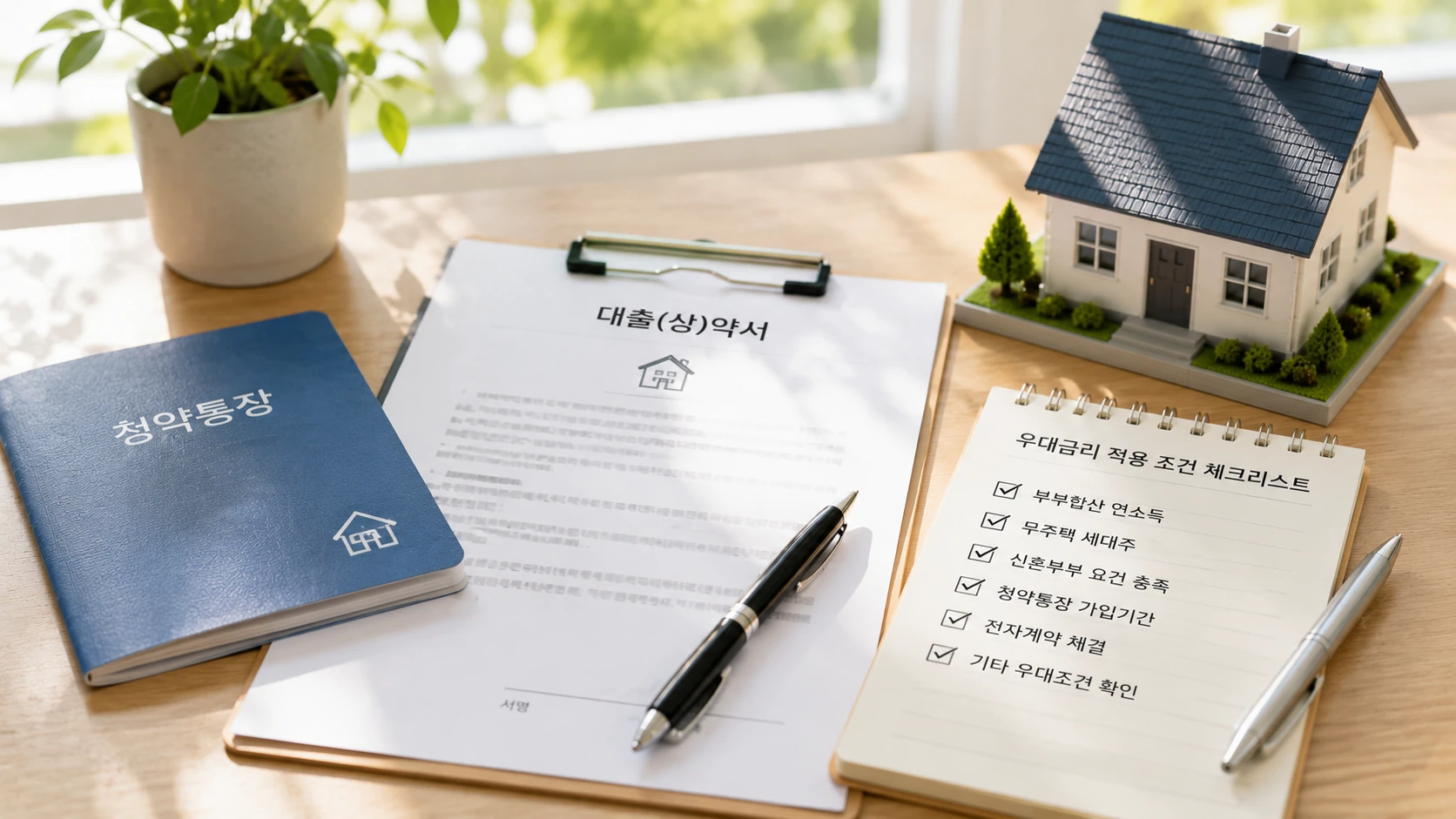 청약통장과 계약서, 체크리스트로 우대금리 조건을 준비하는 모습