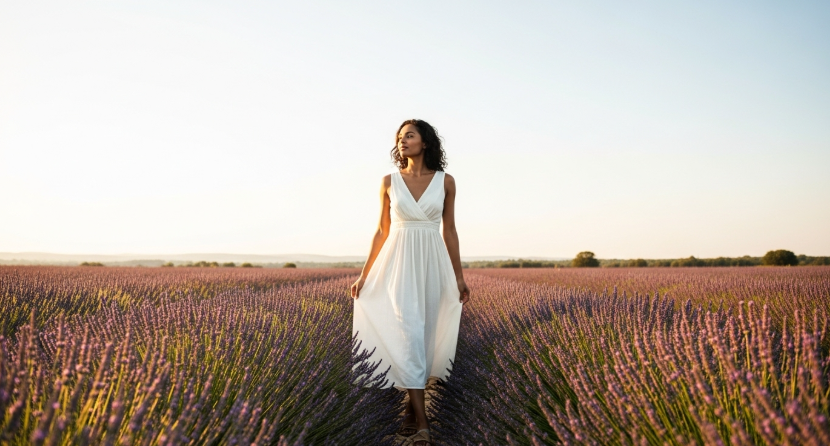 Graceful woman in flowing summer dress walking through lavender fields