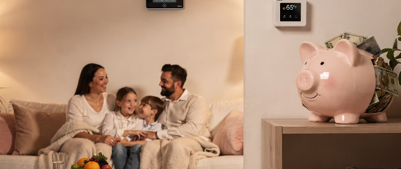 낮은 온도를 표시하는 스마트 온도조절기&amp;#44; 돈이 든 저금통&amp;#44; 편안함을 느끼는 건강한 가족 