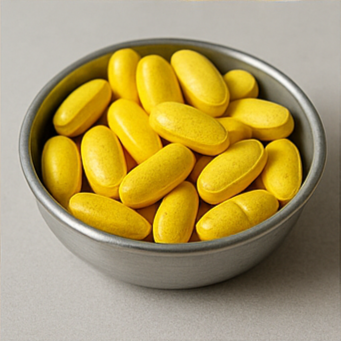 빨간 알약이 쏟아진 은색 병, 노란 정제가 담긴 금속 그릇, 베이지색 정제가 흰 병에서 쏟아진 모습