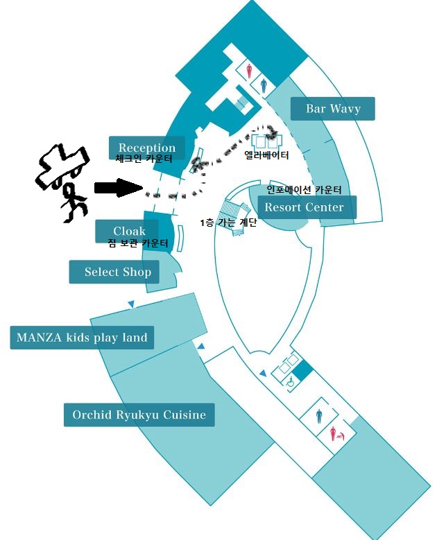 로비층(2층) 안내도, 화살표는 체크인 및 엘리베이터 경로