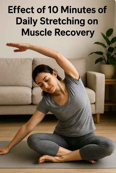 편안한 거실에서 10분 스트레칭을 실천하는 여성의 모습으로, 근육 피로 회복의 일상 적용을 시각적으로 보여주는 이미지