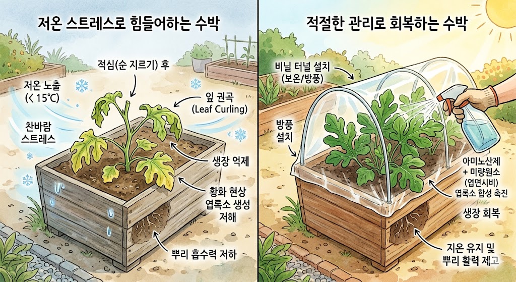 저온에서 적심된 수박이 성장을 멈추고 잎이 말리는 모습과 이를 회복하기 위해 비닐 터널과 영양 공급을 해주는 과정을 보여주는 간단한 삽화