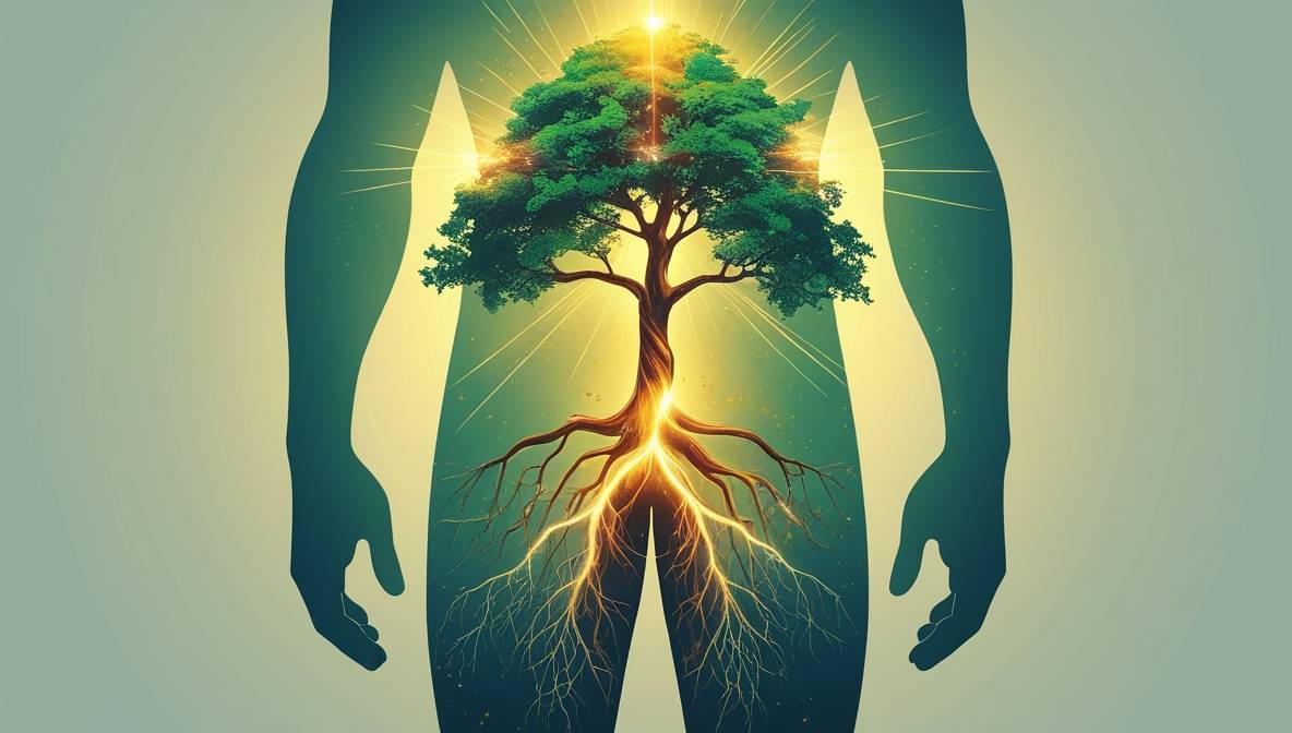 인체 실루엣 안에 빛나는 건강한 나무가 자라고 있으며, 뿌리는 다리 쪽으로, 가지는 머리 쪽으로 뻗어나가는 모습. 빛이 가지와 뿌리를 따라 퍼져나가며, 우리 몸에 내재된 자연 치유력의 에너지를 상징적으로 표현한 이미지