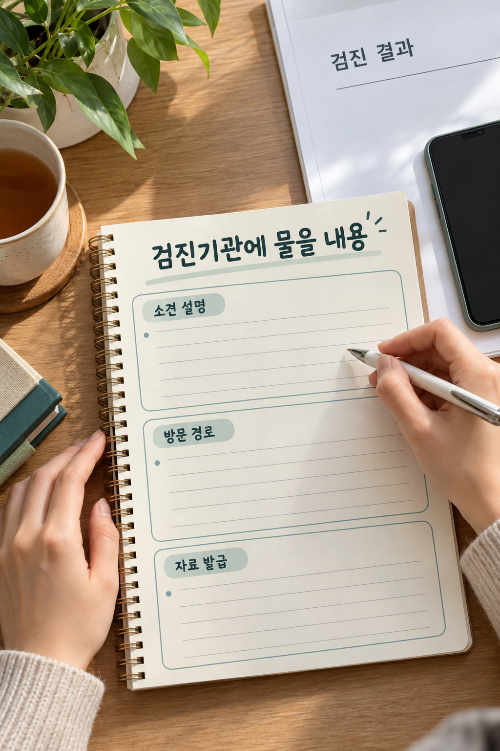 검진기관에 물을 질문을 통보서 옆에 정리하는 손