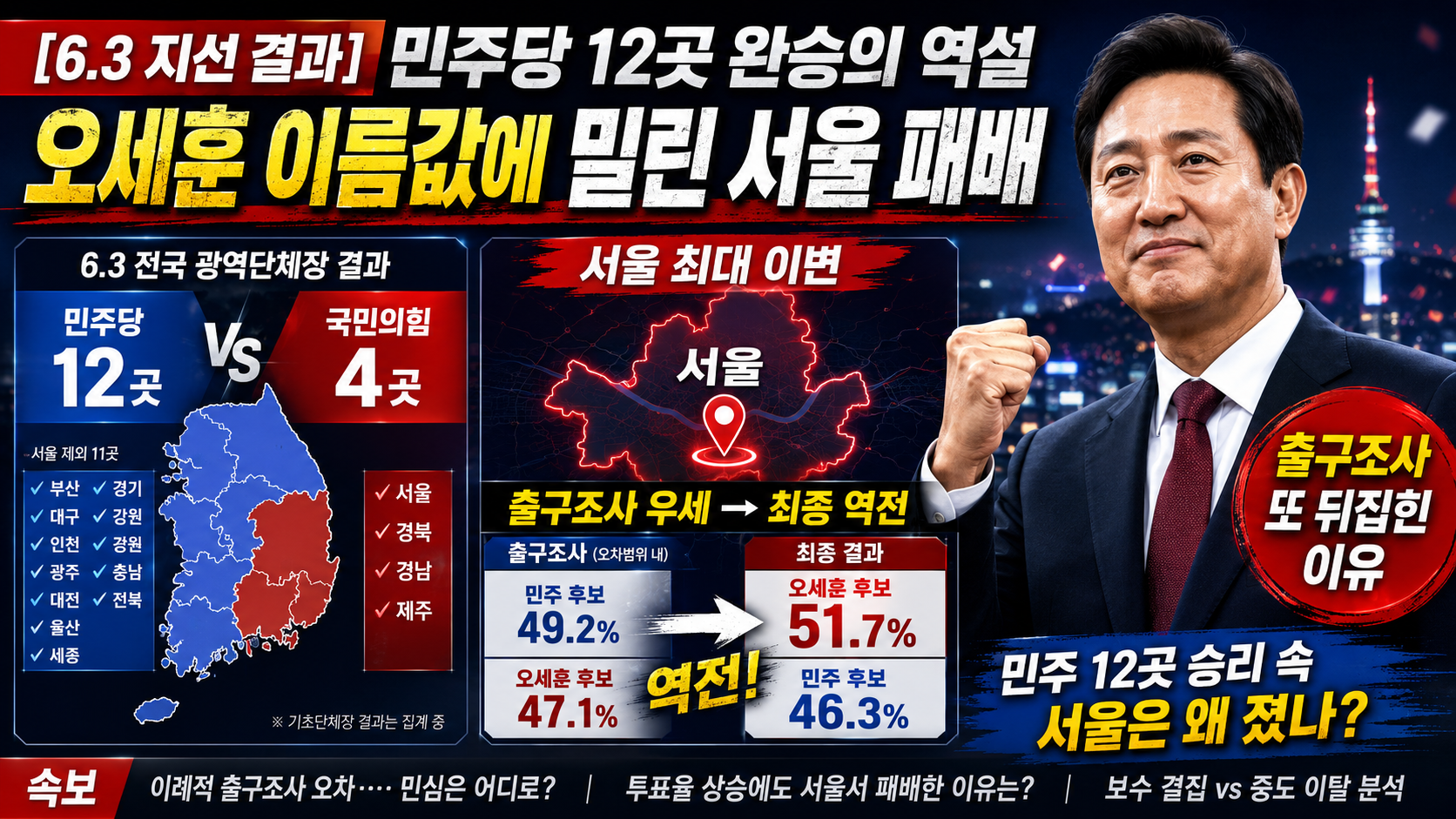 [6.3 지선 결과] 민주당 12곳 완승의 역설 &mdash; 오세훈 이름값에 밀린 서울 패배, 출구조사 또 뒤집힌 이유 총정리