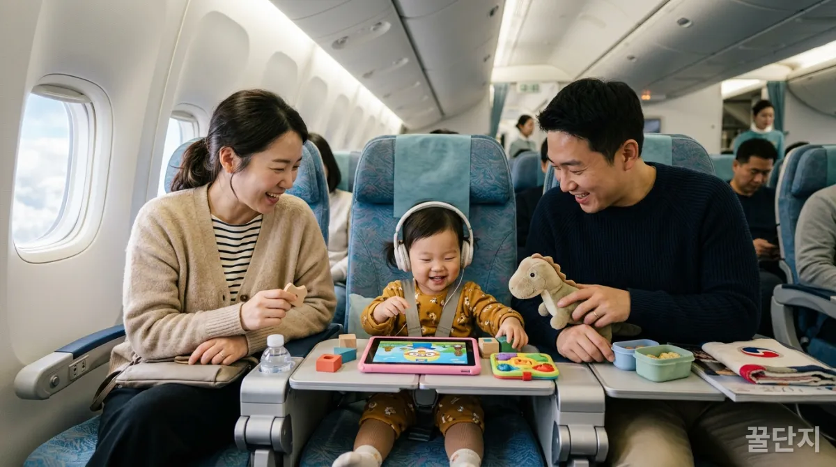 비행기 안에서 장난감을 가지고 놀거나 태블릿을 보는 한국인 아이
