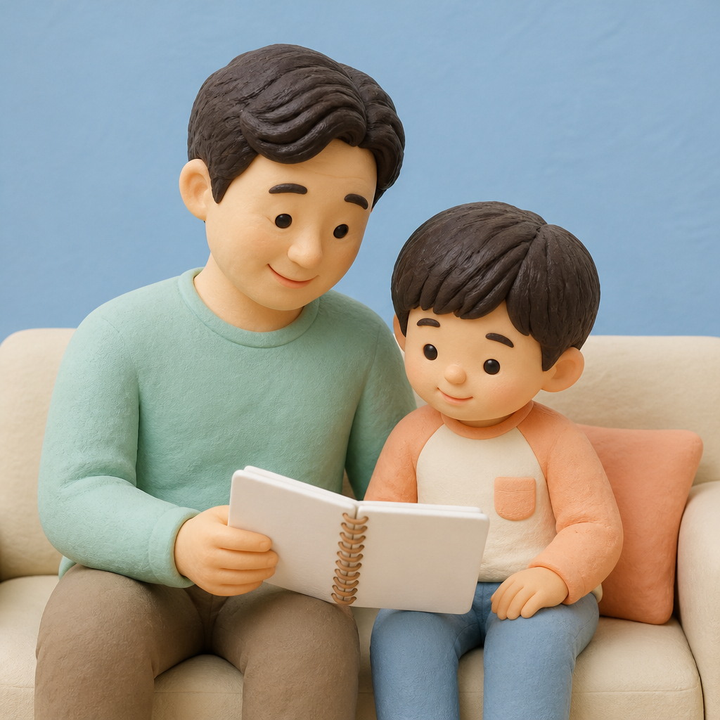 거실 소파에서 아이와 함께 받아쓰기 공책을 보는 40대 아빠