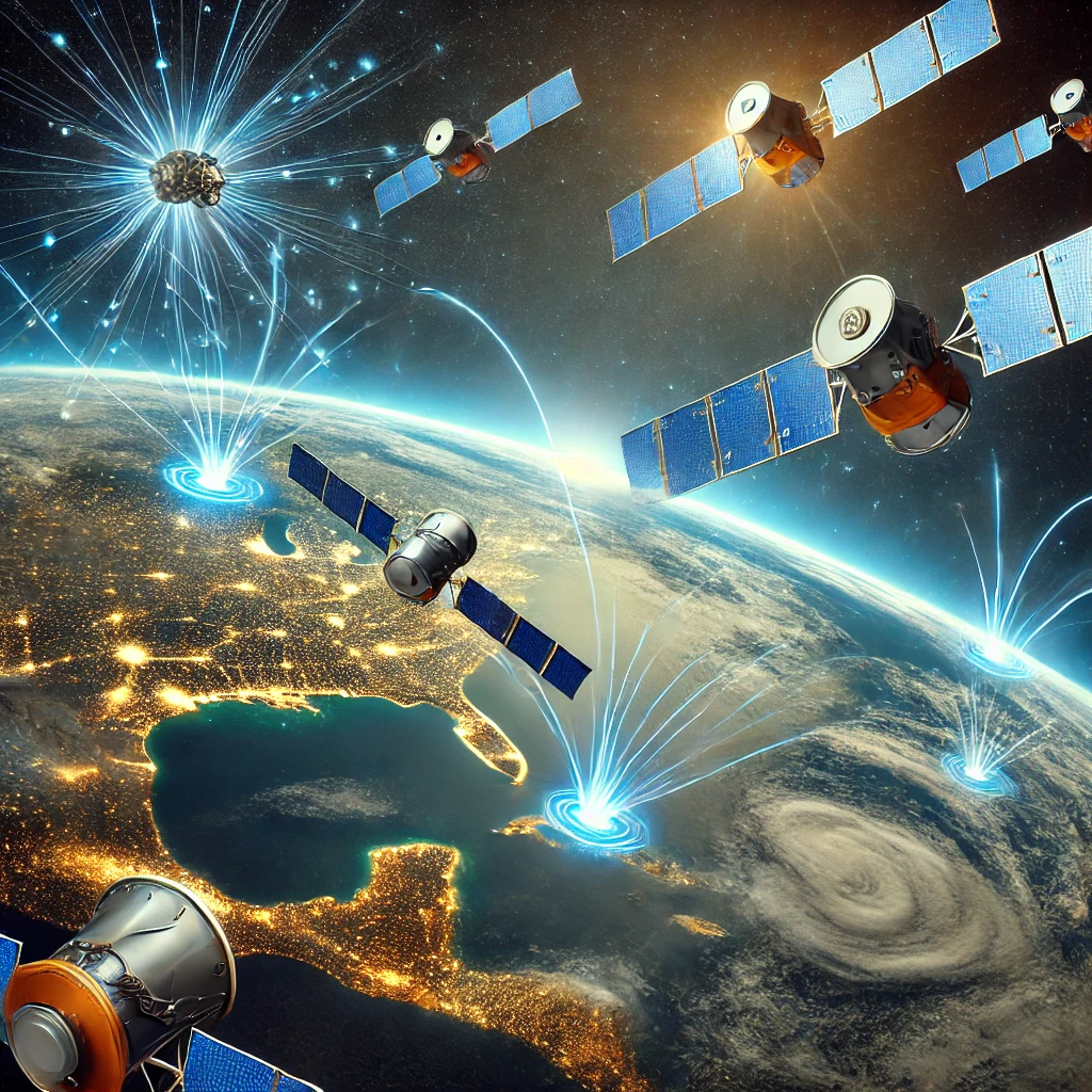 스타링크와 아마존 카이퍼 프로젝트의 우주 인터넷 경쟁을 표현한 이미지