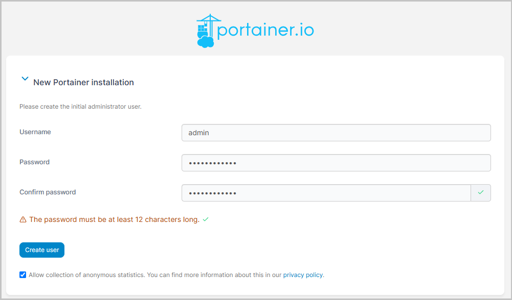 Portainer 유저 생성 화면
