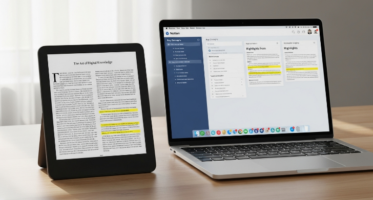 전자책 리더기의 하이라이트가 Notion과 같은 지식 관리 시스템으로 통합되어 정리되는 모습.