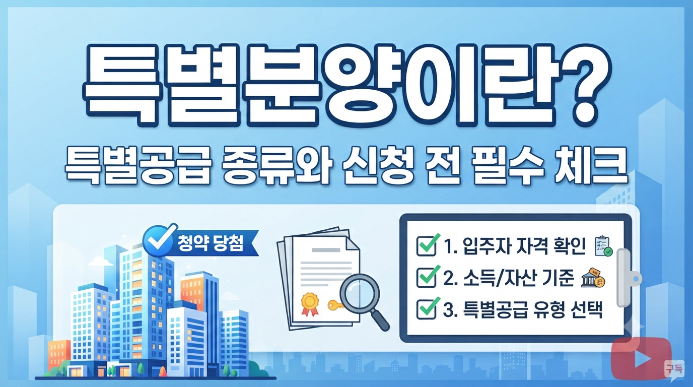 '특별분양이란?' 타이틀과 함께 특별공급의 종류와 신청 전 알아둘 내용을 한눈에 보여주는 유튜브 썸네일 이미지