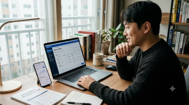 노트북으로 해외주식 매도손익과 양도소득세 신고 대상 여부를 확인하는 모습