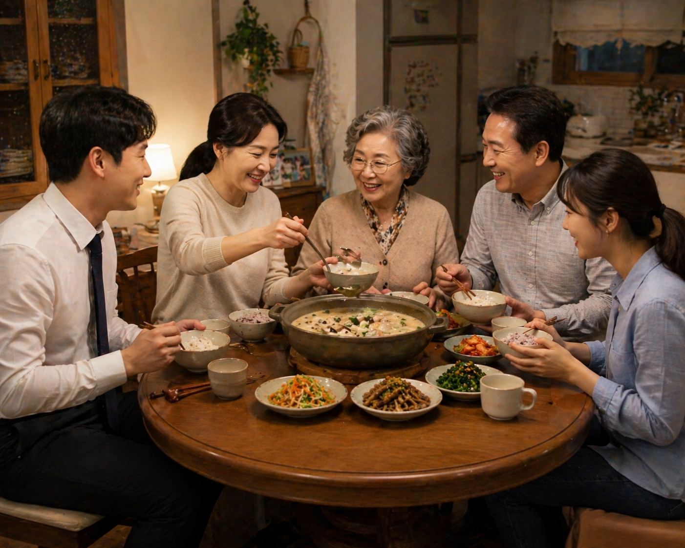 가족 다섯 명이 식탁에 둘러앉아 버섯 들깨탕으로 저녁 식사를 준비하는 따뜻한 집밥 장면