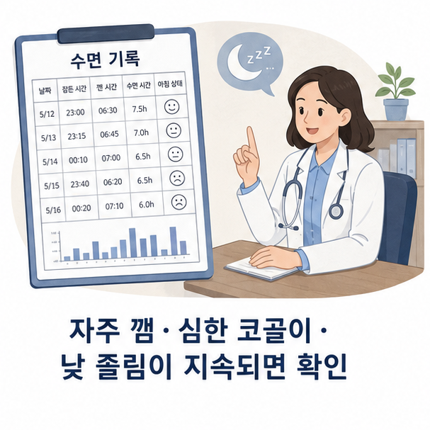 수면 기록표와 의료진 상담 장면으로 자주 깸·심한 코골이·낮 졸림이 지속될 때 확인하는 방법