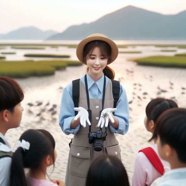 갯벌생태해설사가 갯벌체험을 하는 어린이들에게 해설을 하고 있다.