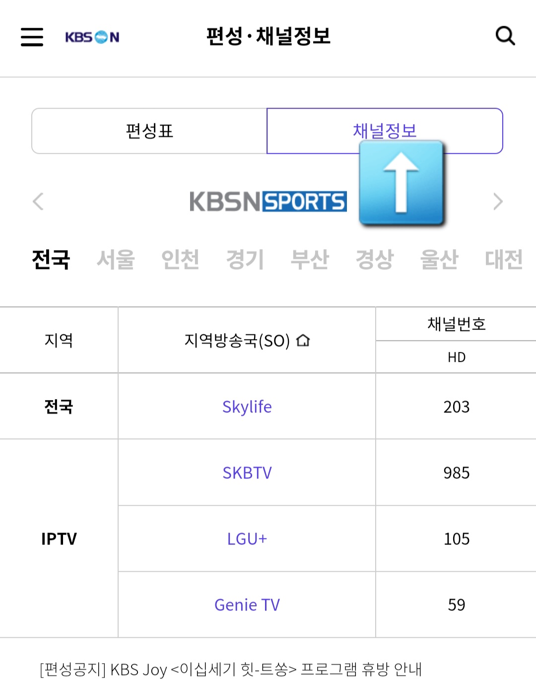 KBSN-SPORTS-채널번호-확인하는-방법-상단의-편성표와-채널정보를-확인할-수-있는데요.-채널정보를-클릭하면-자신의-지역을-선택-방송사에-맞는-번호를-확인할-수-있고&#44;-KBSN-SPORTS-외에도-왼쪽과-오른쪽-화살표를-클릭하면-KBS-drama&#44;-KBS-Story&#44;-KBS-joy&#44;-KBS-Life&#44;-KBS-Kids-등-원하는-채널의-번호와-편성-시간도-함께-확인할-수-있습니다.
