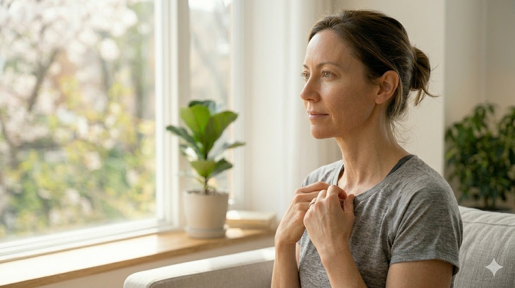"밝은 실내 창가에서 고개를 고정한 채 눈동자만 움직여 상하좌우 눈 운동을 하고 있는 인물의 측면 샷. 시력 보호와 안구 근육 강화를 위한 눈 스트레칭의 중요성을 보여주는 깨끗하고 고화질의 사진."