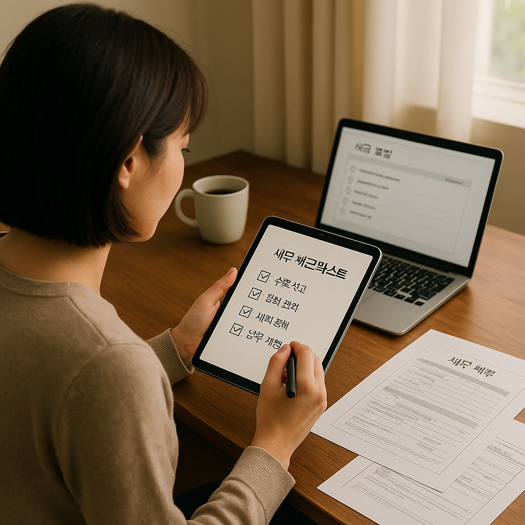 홈오피스 책상 위에서 '세무 체크리스트'를 검토하는 프리랜서 – 태블릿과 노트북, 세금 서류가 놓여 있는 장면