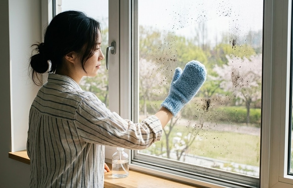 낡은 수면 양말을 활용해 창틀과 방충망의 흙먼지를 깔끔하게 청소하는 방법