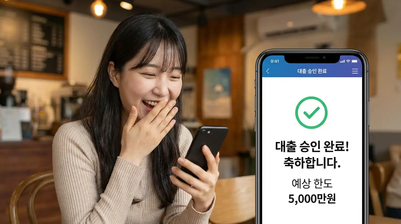 스마트폰 앱을 통해 대출 한도 조회를 성공적으로 마취고 승인 완료 화면을 보며 기뻐하는 모습