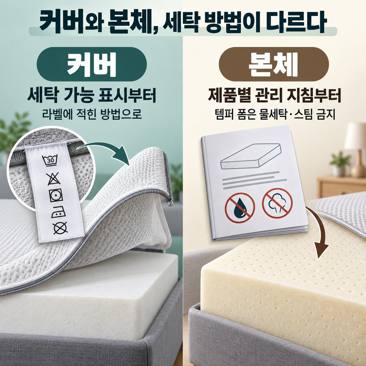 매트리스 커버의 세탁 표시와 본체의 제품별 관리 지침을 구분한 비교 그림