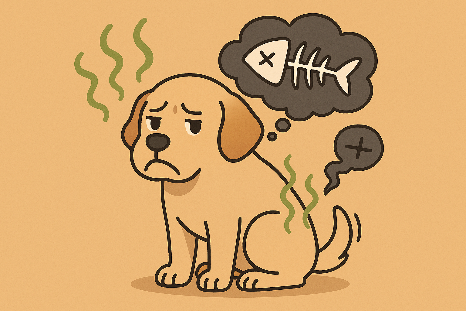 강아지에게서 나는 비린내를 주제로 한 일러스트로, 냄새로 인해 불쾌한 표정을 짓고 있는 강아지와 그 주변을 감싸는 초록색 냄새 선이 묘사되어 있습니다. 강아지의 머리 위에는 생선 가시 모양의 아이콘이 들어 있는 검은색 말풍선이 있어 비린내의 원인을 상징적으로 표현하며, 위생 문제나 건강 이상을 암시하는 시각적인 메시지를 간결하고 직관적으로 전달합니다.