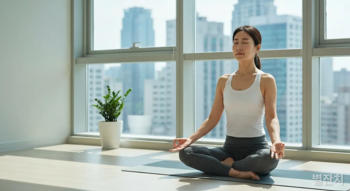 도시 풍경이 보이는 요가 스튜디오에서 명상하는 한국인 여성