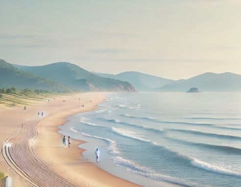 바닷가에서 산책중인 사람들의 모습