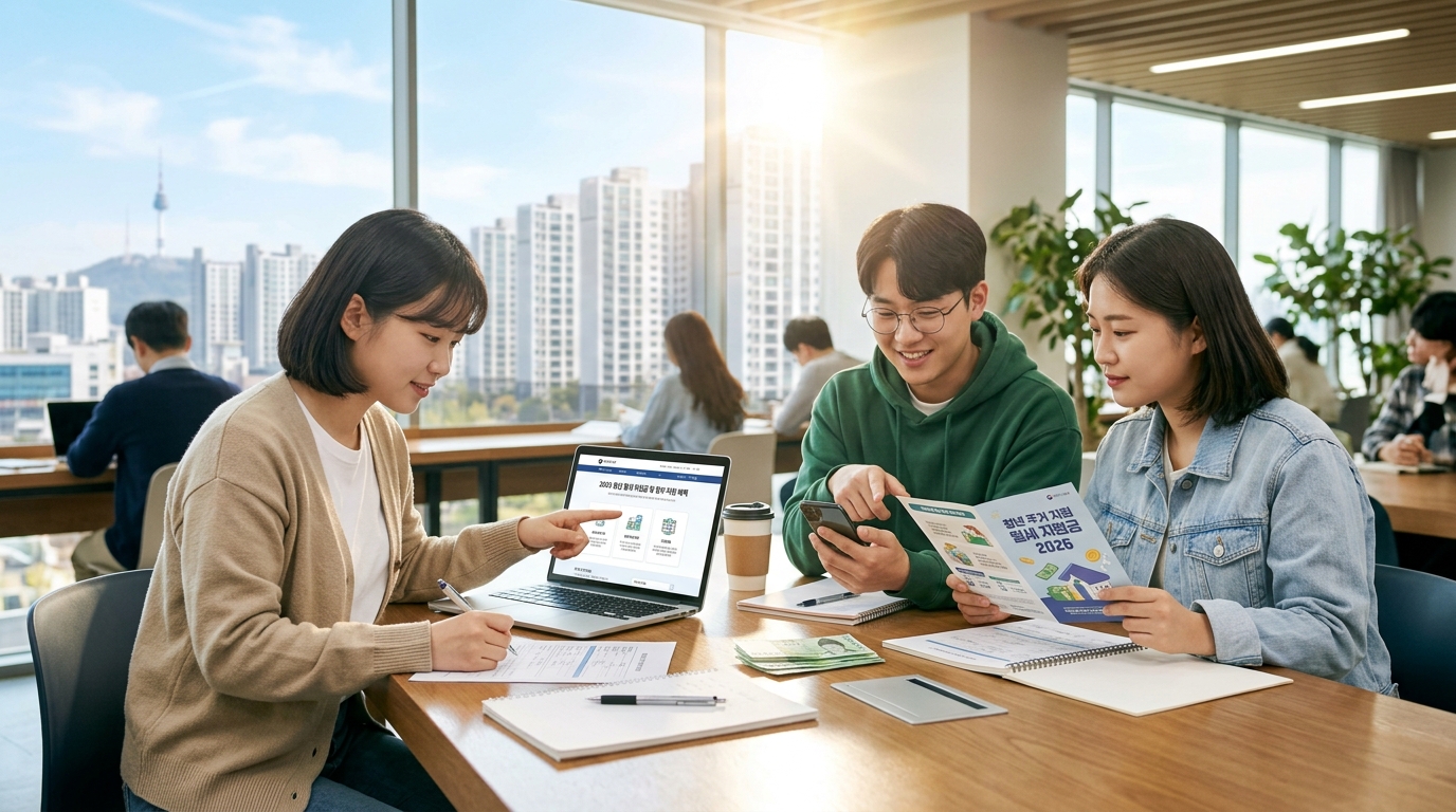 2026년 청년월세지원금 신청을 준비하는 청년과 정부 지원 혜택을 상징하는 밝은 이미지