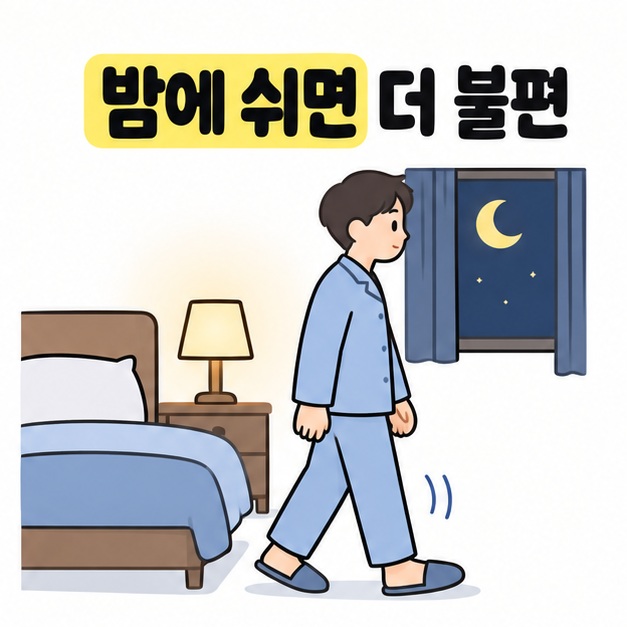 밤에 쉬면 더 불편 문구 아래 달이 보이는 침실에서 성인이 침대 곁을 가볍게 걷는 모습