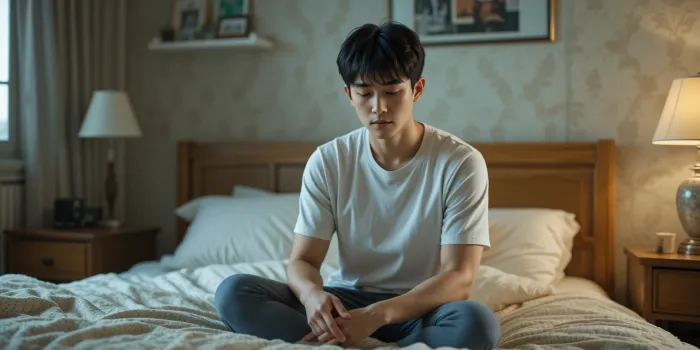 침대에 앉아 피곤한 얼굴을 하고 있는 남성