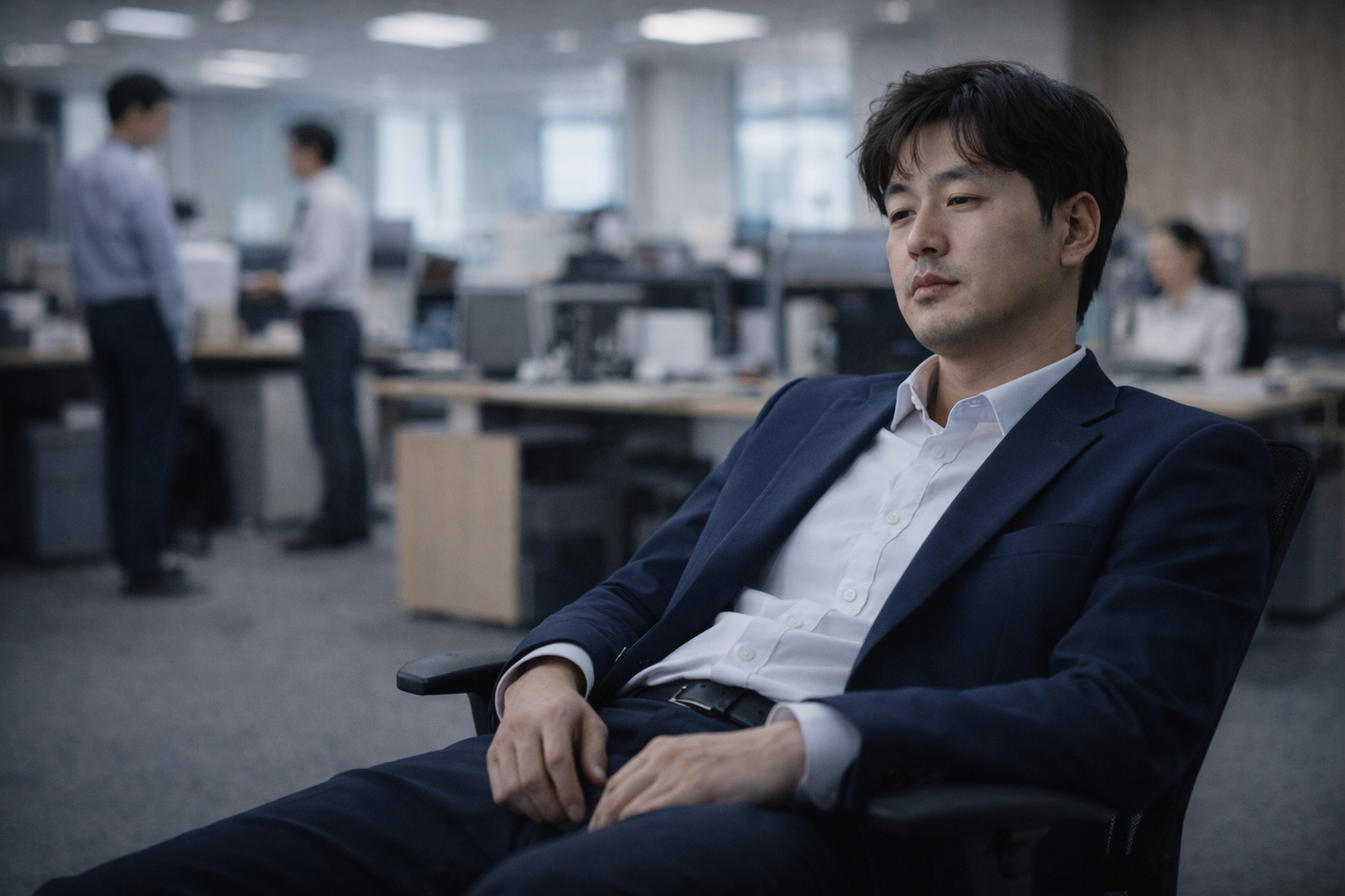 회사 사무실에서 의자에 몸을 기댄 채 멍한 표정으로 앉아 있으며, 주변에서는 다른 직원들이 각자의 업무를 이어가고 있는 모습