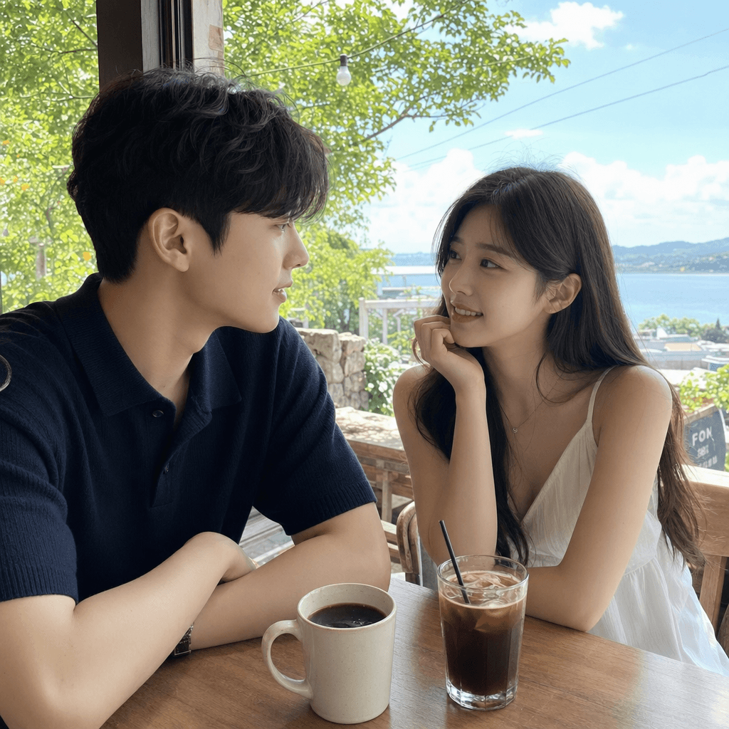 유리컵과 머그컵에 담긴 커피를 마시는 커플