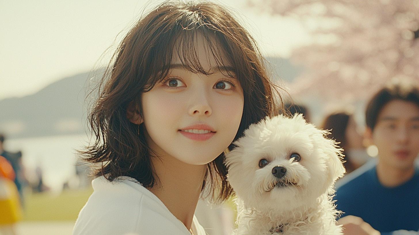 반려동물과 함께 다니며 행복한 표정을 짓는 여성