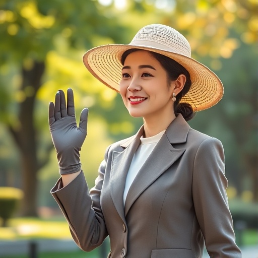 자외선을 차단하기 위해 모자와 장갑을 끼고 산책하는 여성