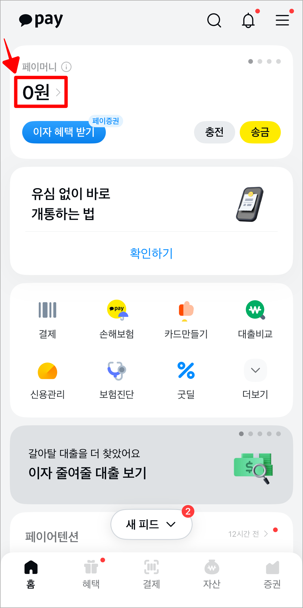 카카오페이 화면에 표시되는 페이머니 잔액을 선택