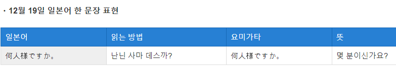 몇 분이십니까?를 일본어로 읽는 방법등이 적혀 있는 그림