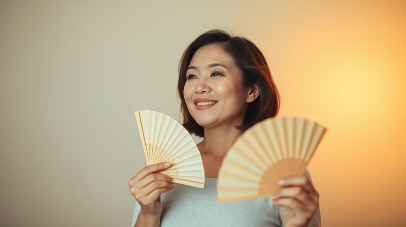 시원한 부채질로 안면 홍조를 식히는 여성
